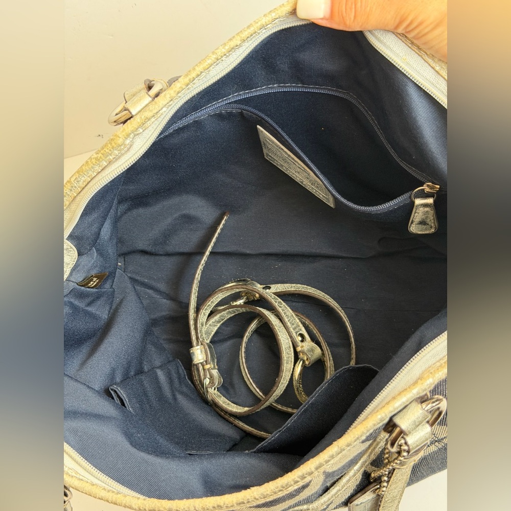 Coach Signature C Denim Stripe Tote Bag Silver Accents - Picture 12 of 14